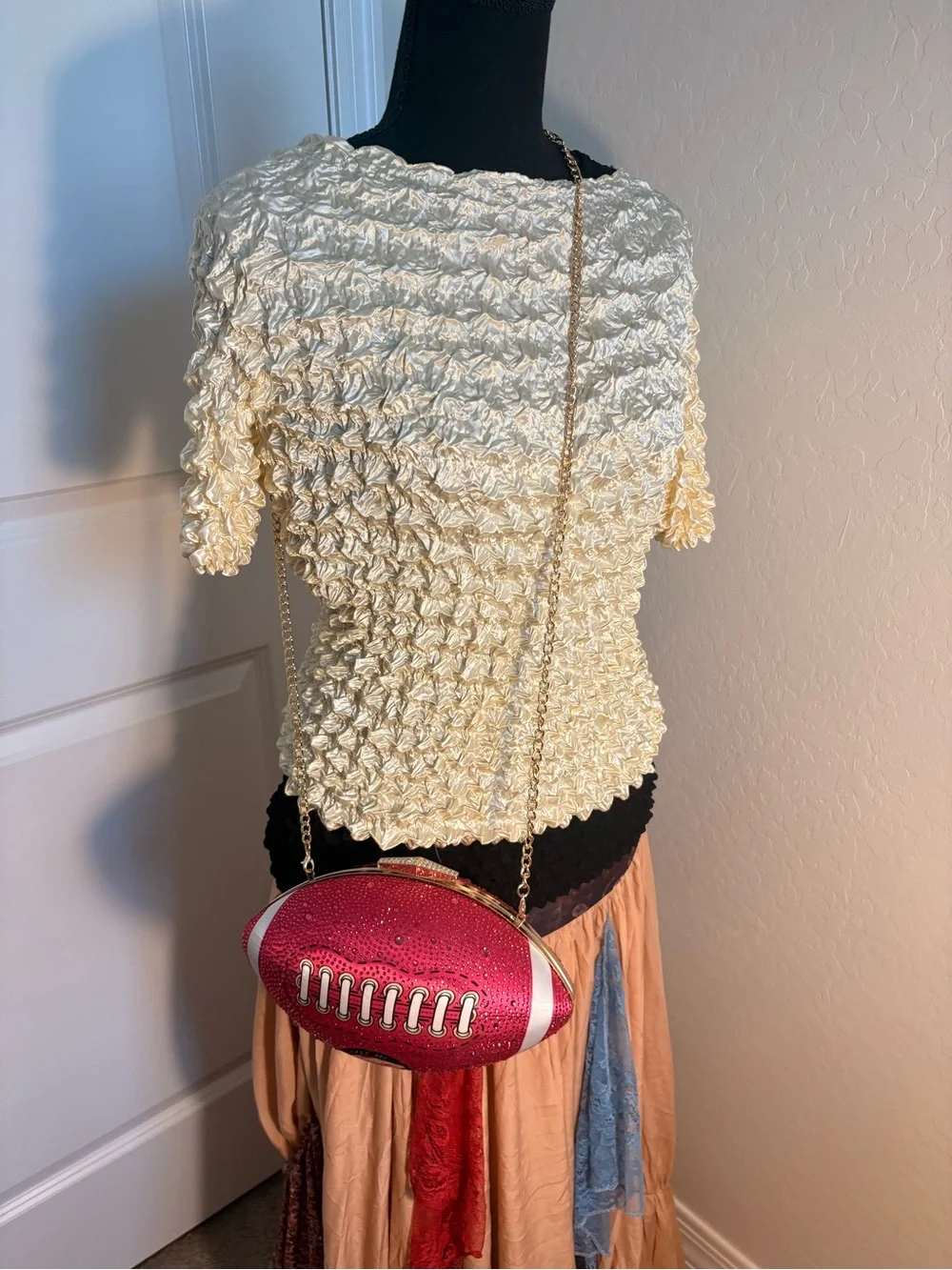 Betsy Johnson embellished Tackle Me pink Crystal Football Clutch w/gold Chain